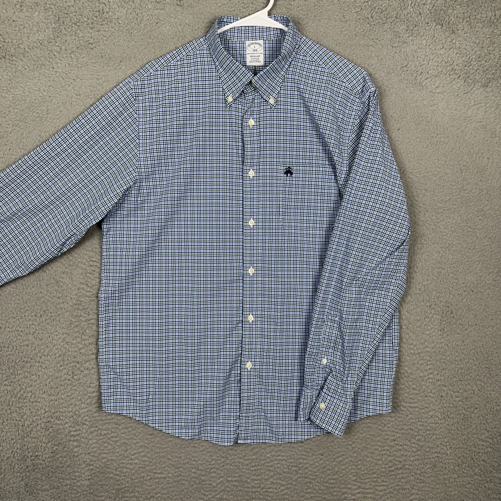 Brooks Brothers Shirt Men Large Blue Gingham Performance Button Down Stretch EUC